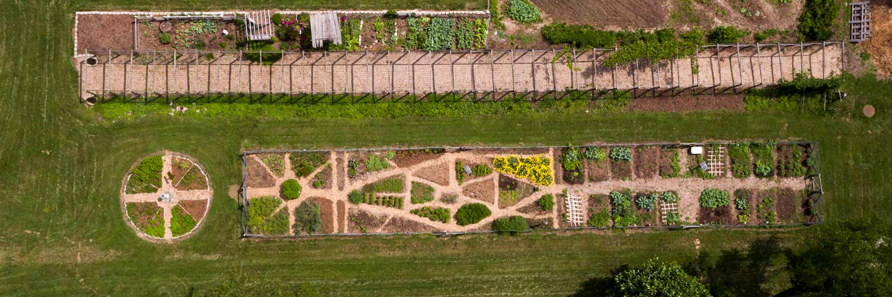 A carefully tilled geometric garden, shot from above and divided into sections.